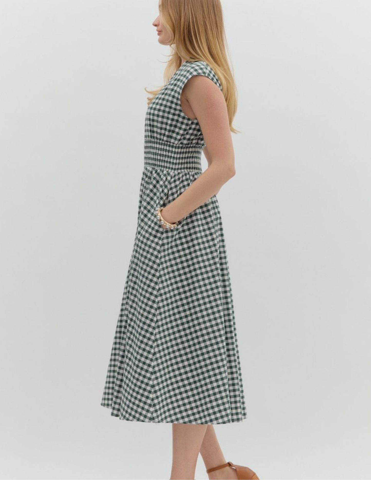 Gingham VNeck Midi Dress- Forest - Tres Chic Boutique