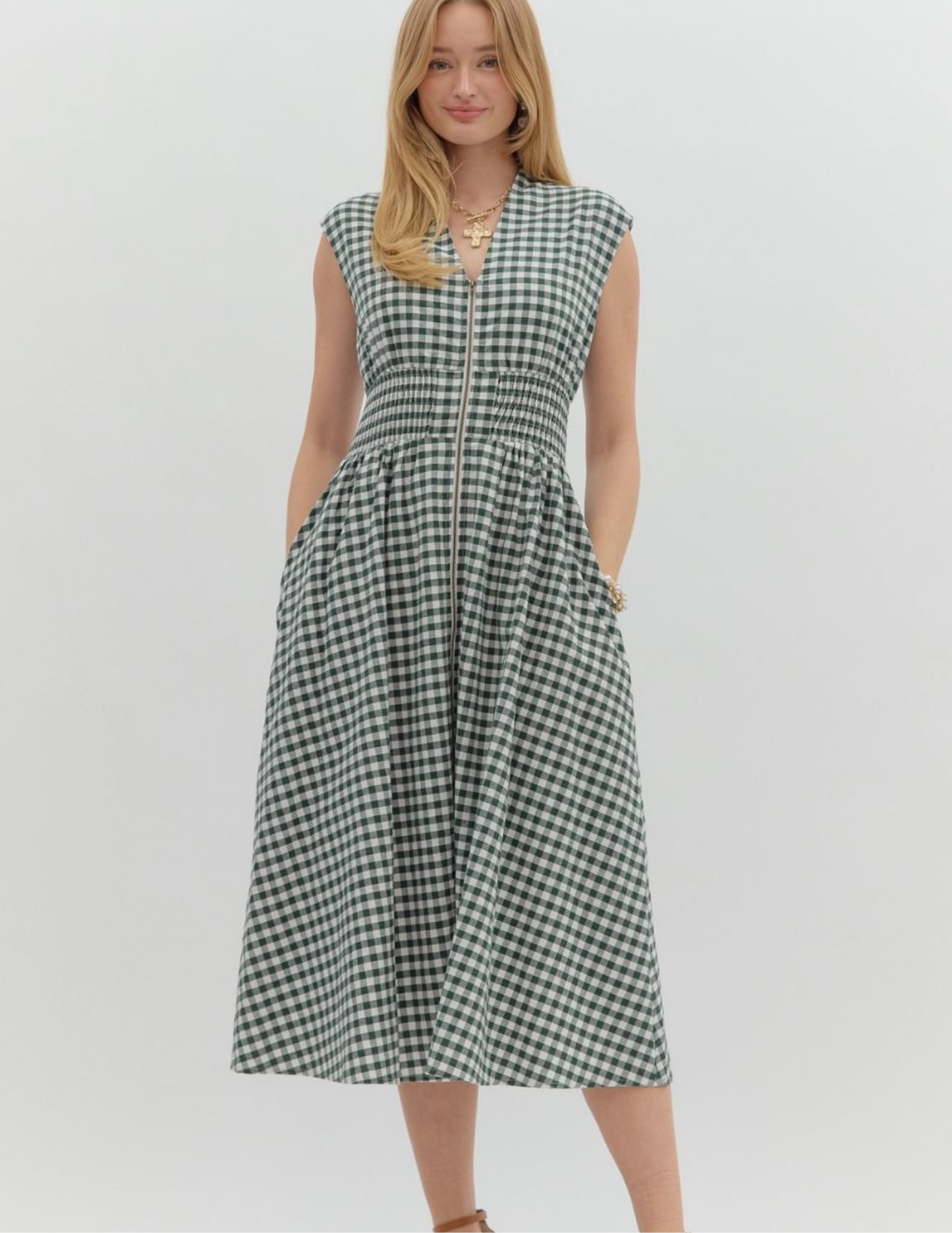 Gingham VNeck Midi Dress- Forest - Tres Chic Boutique