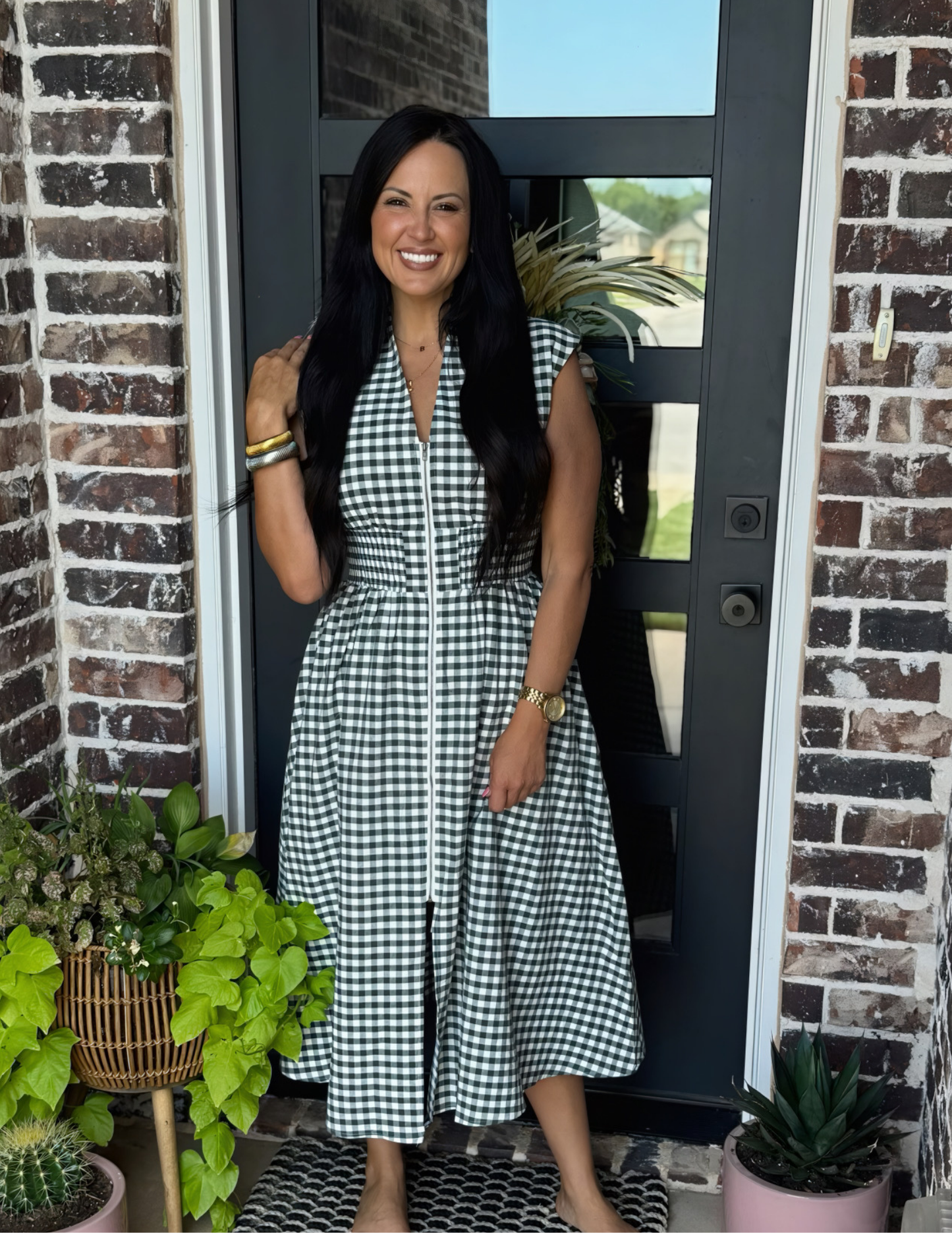 Gingham VNeck Midi Dress- Forest - Tres Chic Boutique