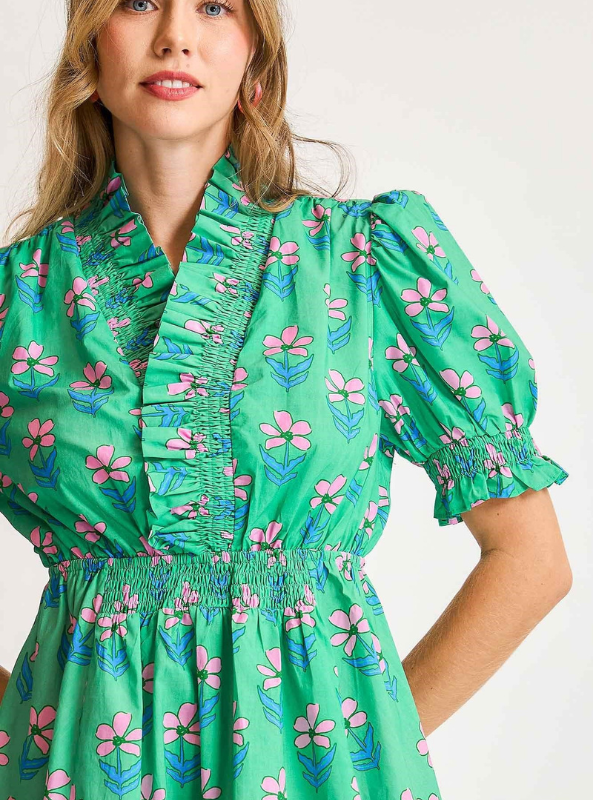 Green Ruffle Neck Mini Dress