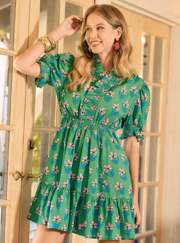 Green Ruffle Neck Mini Dress