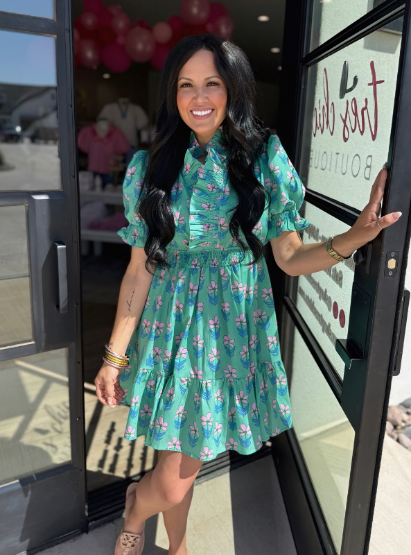 Green Ruffle Neck Mini Dress
