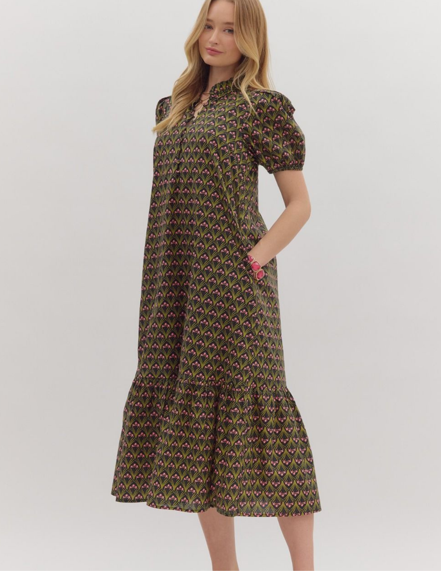 Iris Print Midi Dress- Black - Tres Chic Boutique