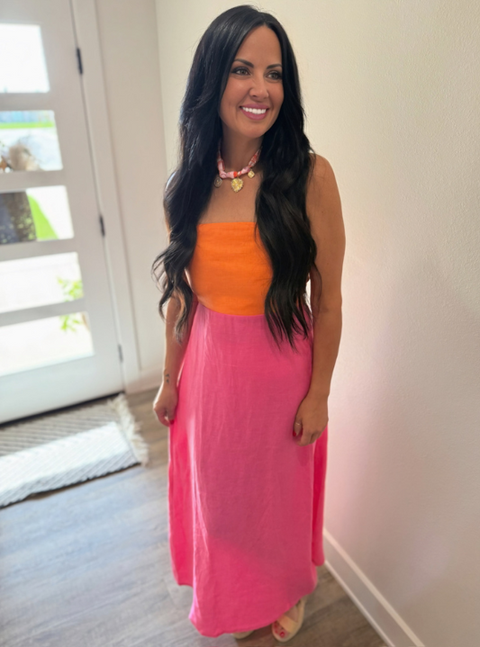 Karlie- Colorblock Linen Maxi Dress - Tres Chic Boutique
