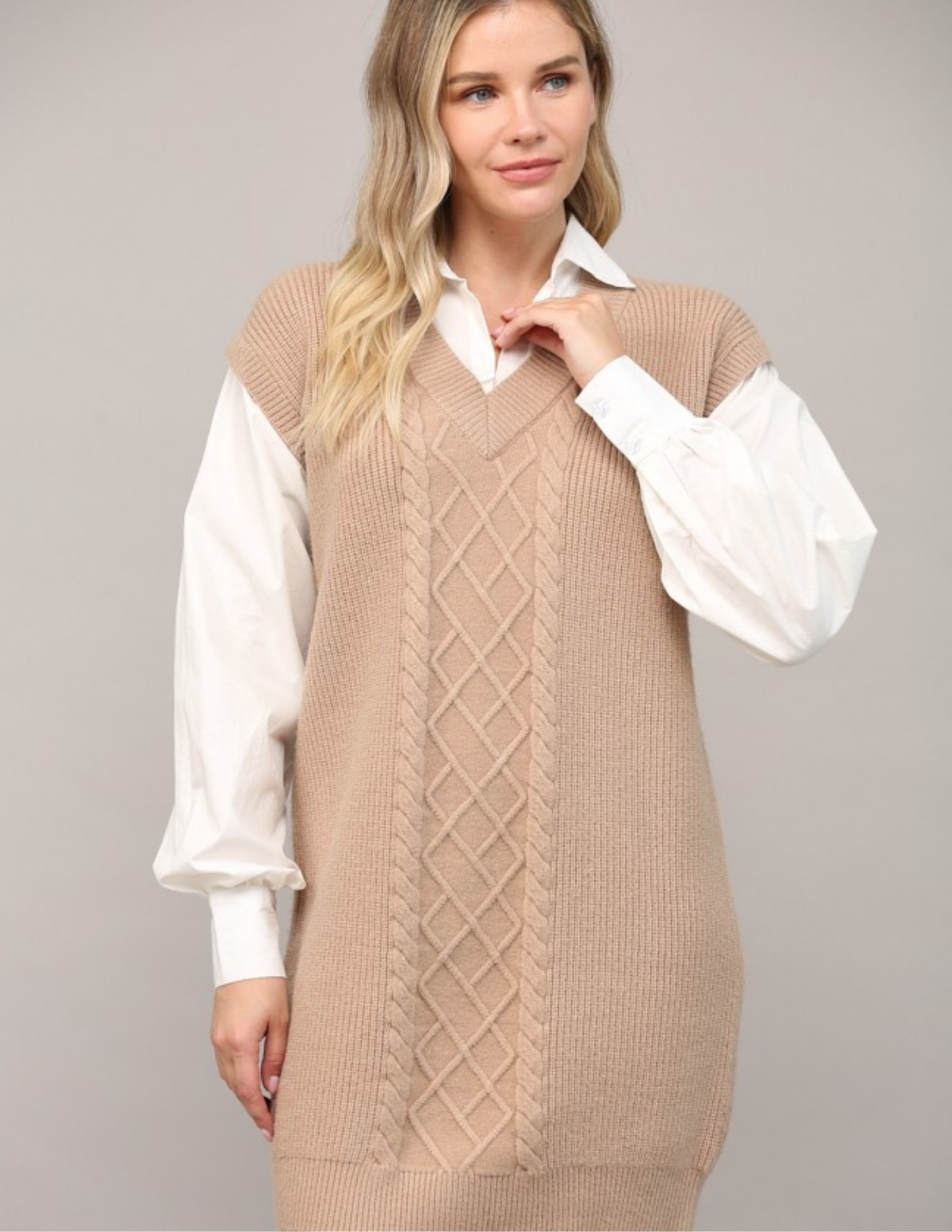 Latte & White Cable Knit Shirt Dress - Tres Chic Boutique
