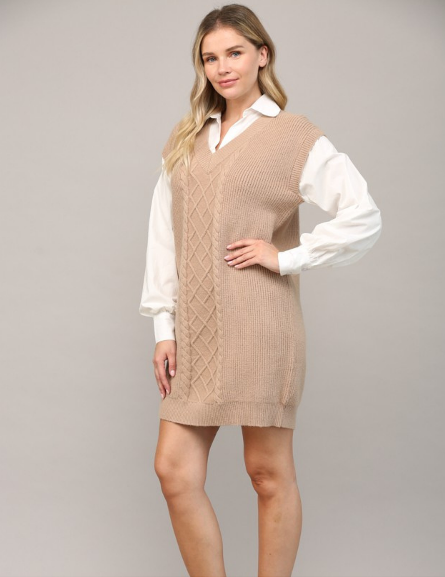 Latte & White Cable Knit Shirt Dress - Tres Chic Boutique