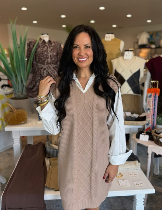 Latte & White Cable Knit Shirt Dress - Tres Chic Boutique