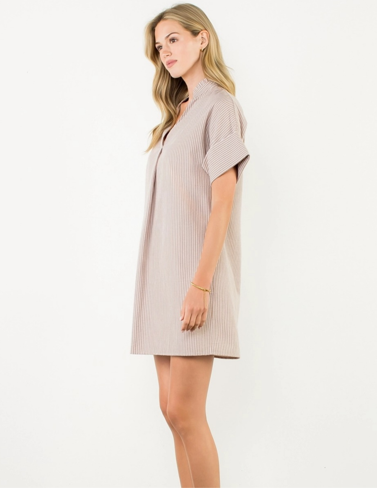 Short Sleeve Stripe Notched Collar Dress - Tres Chic Boutique