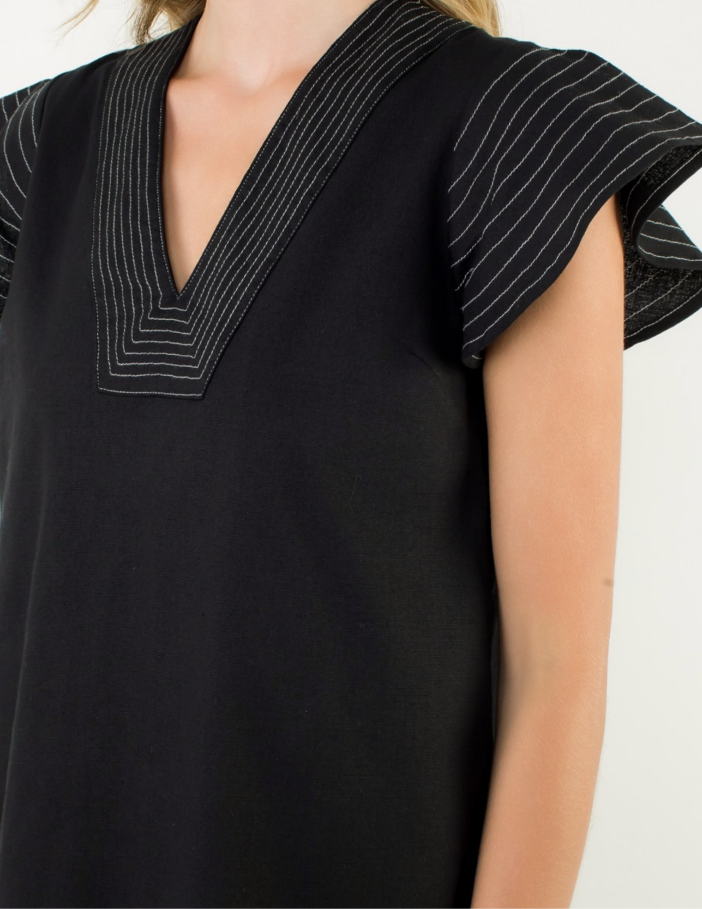 Striped Flutter Sleeve V-Neck Dress