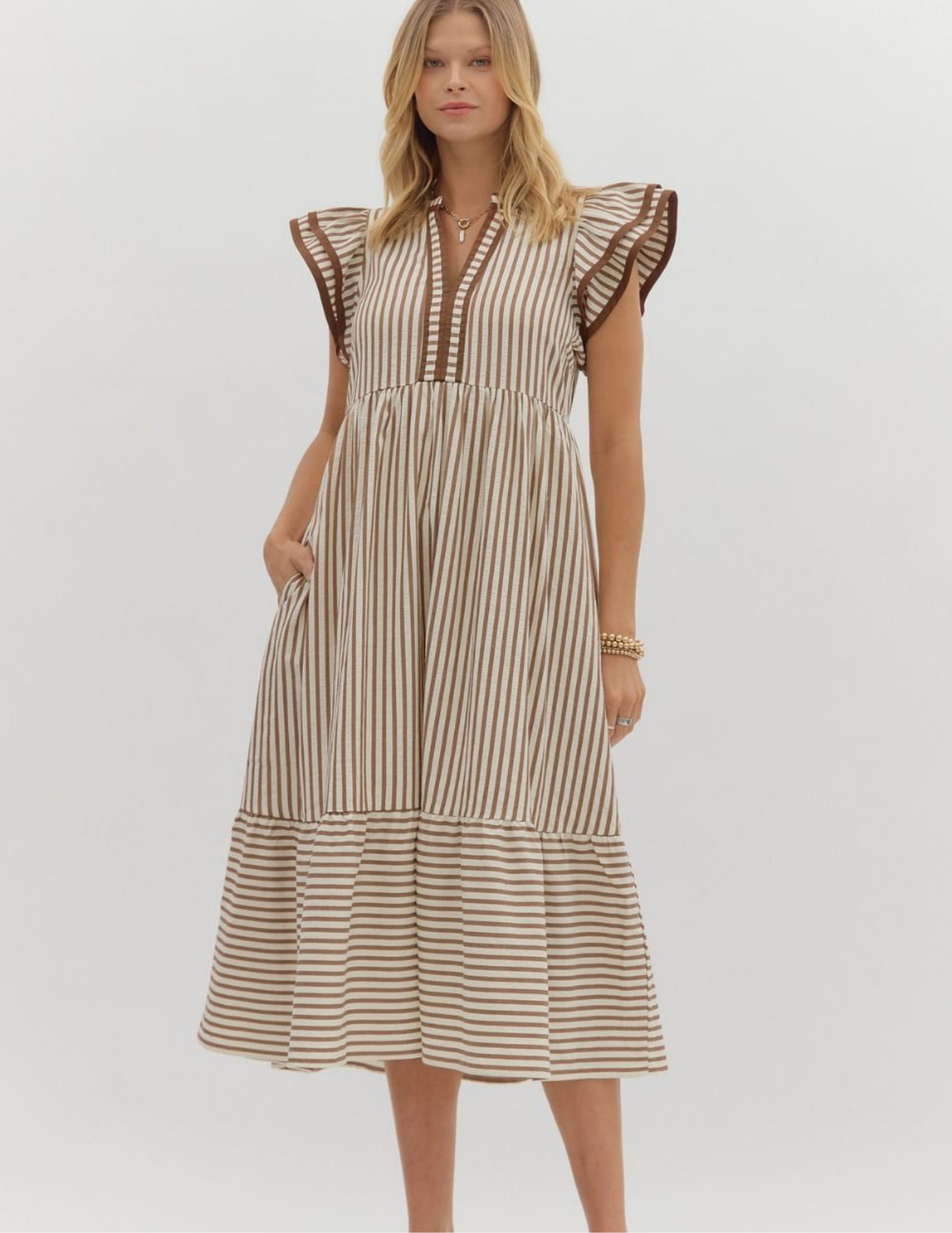 Striped Midi Dress- Brown - Tres Chic Boutique