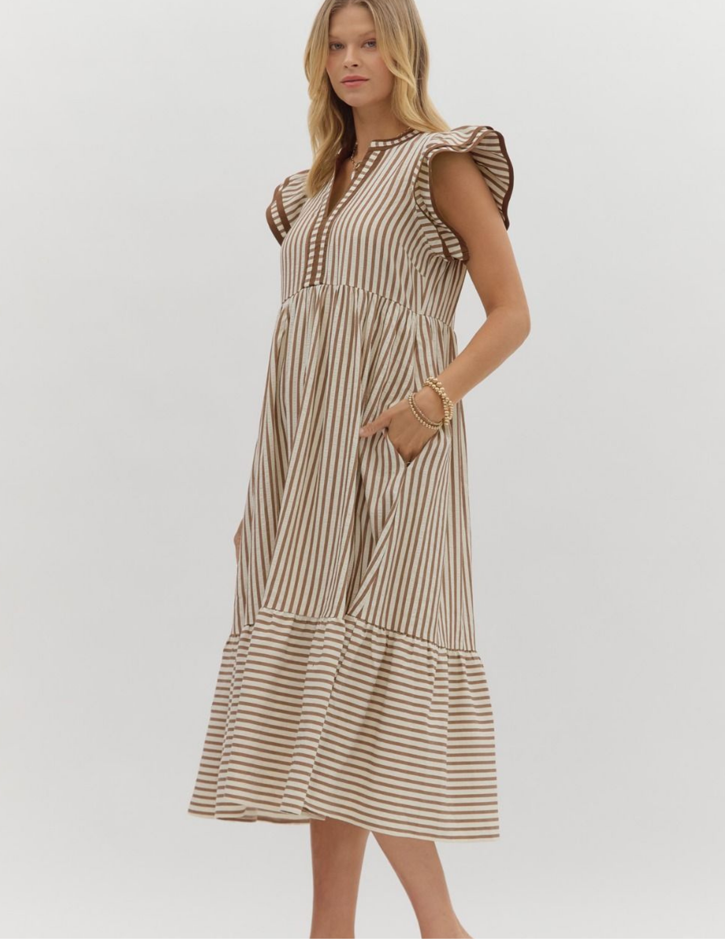 Striped Midi Dress- Brown - Tres Chic Boutique