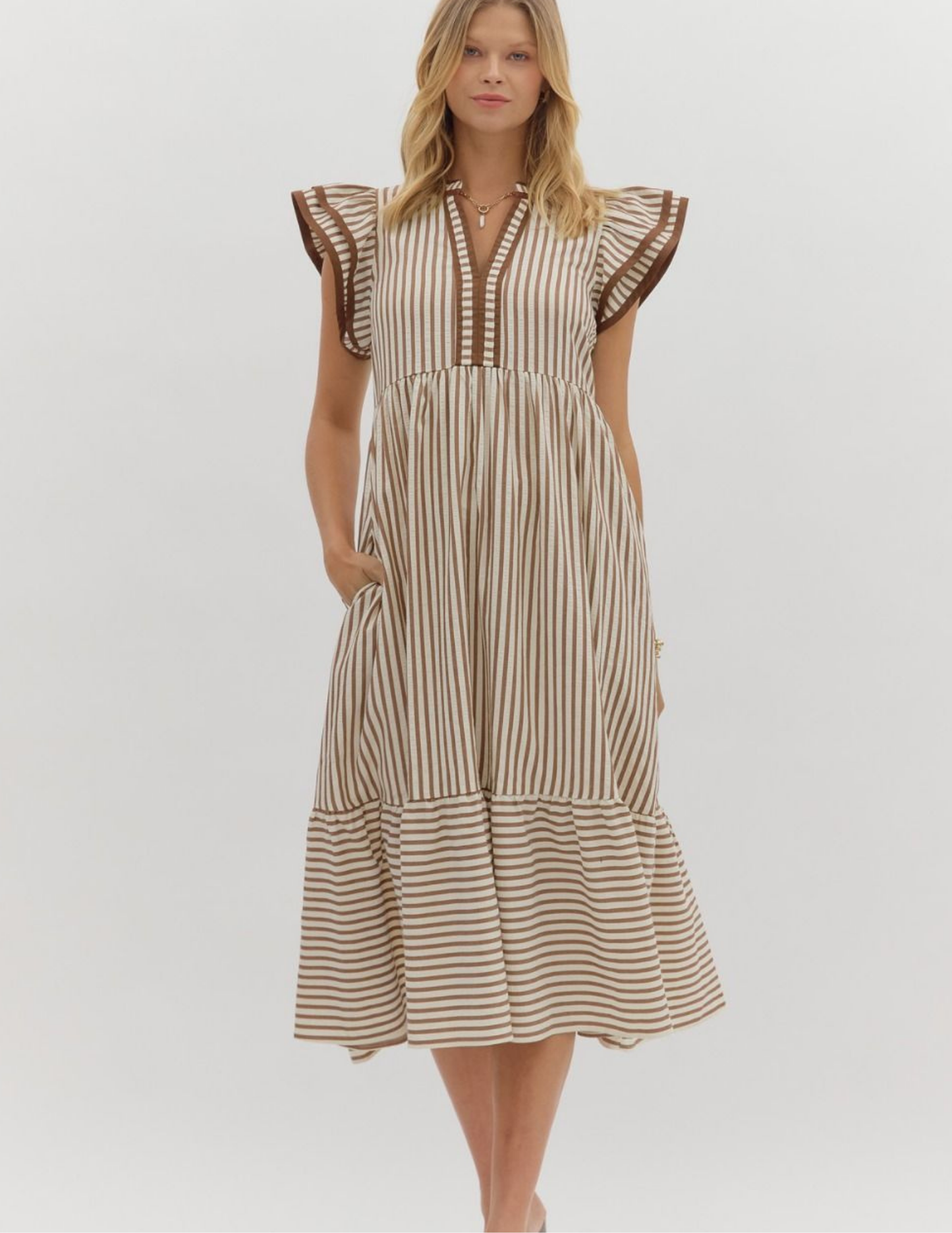 Striped Midi Dress- Brown - Tres Chic Boutique