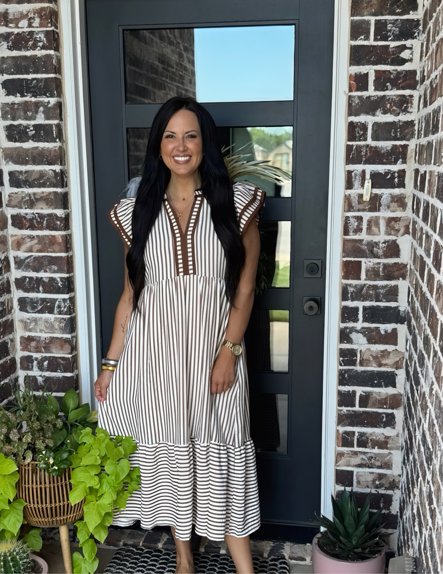 Striped Midi Dress- Brown - Tres Chic Boutique