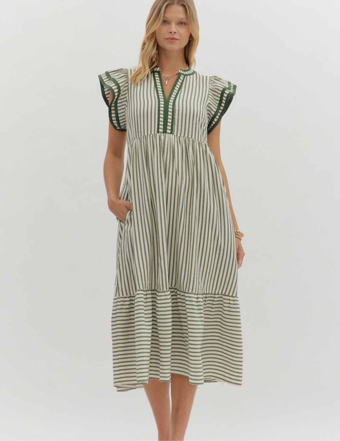 Striped Midi Dress- Olive - Tres Chic Boutique