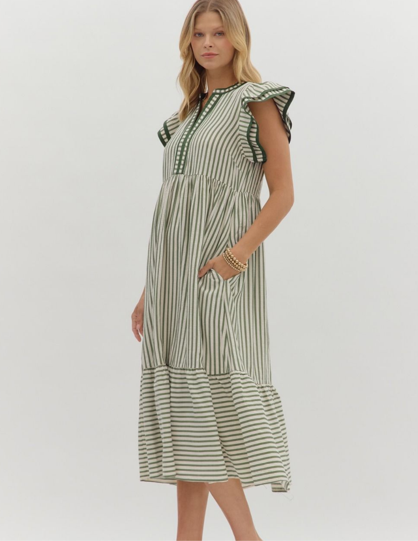 Striped Midi Dress- Olive - Tres Chic Boutique