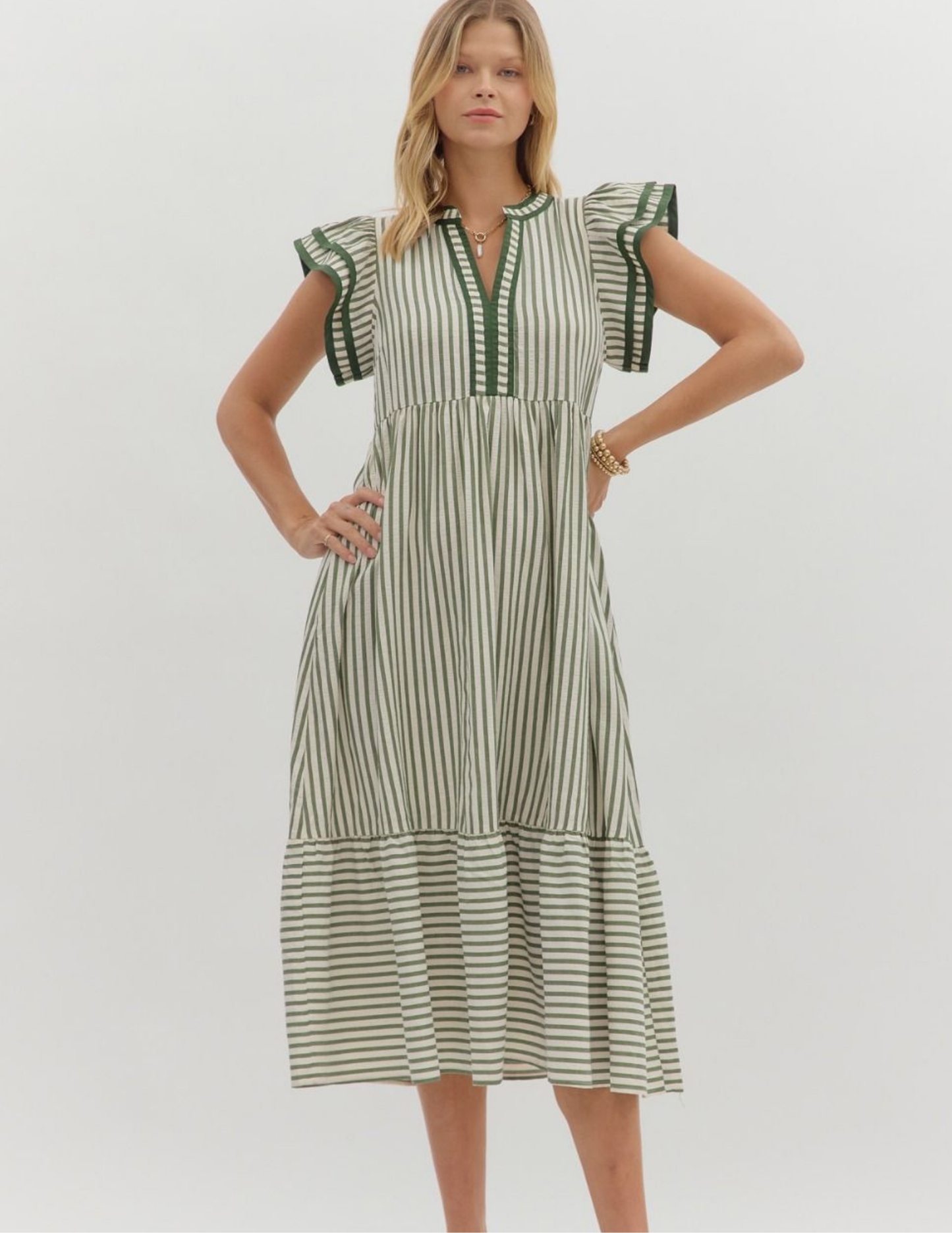 Striped Midi Dress- Olive - Tres Chic Boutique