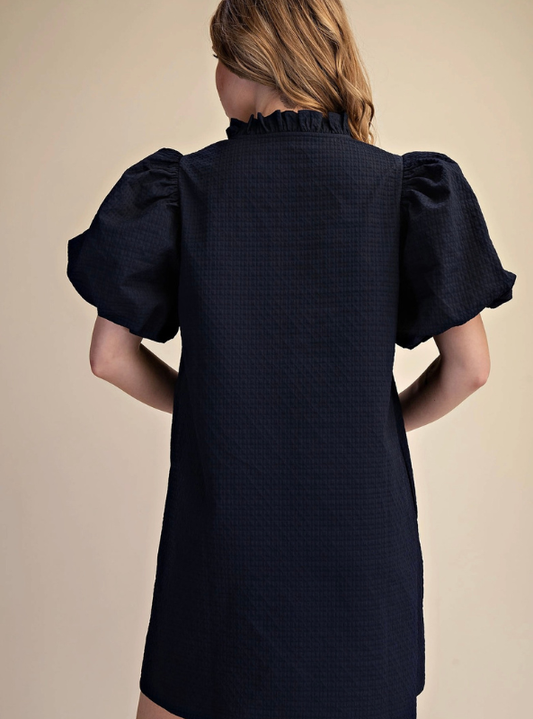 Textured Puff Sleeve Mini Dress- Navy