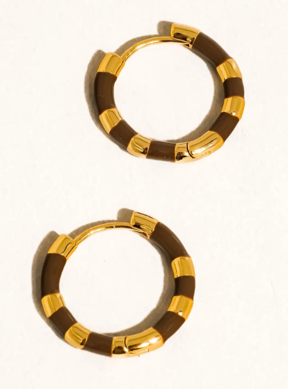 Avielle 18K Gold Vintage Enamel Hoop Earring- Brown