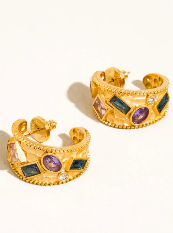 Delmare 18K Gold Non-Tarnish Vintage Gemstone Hoop Earrings