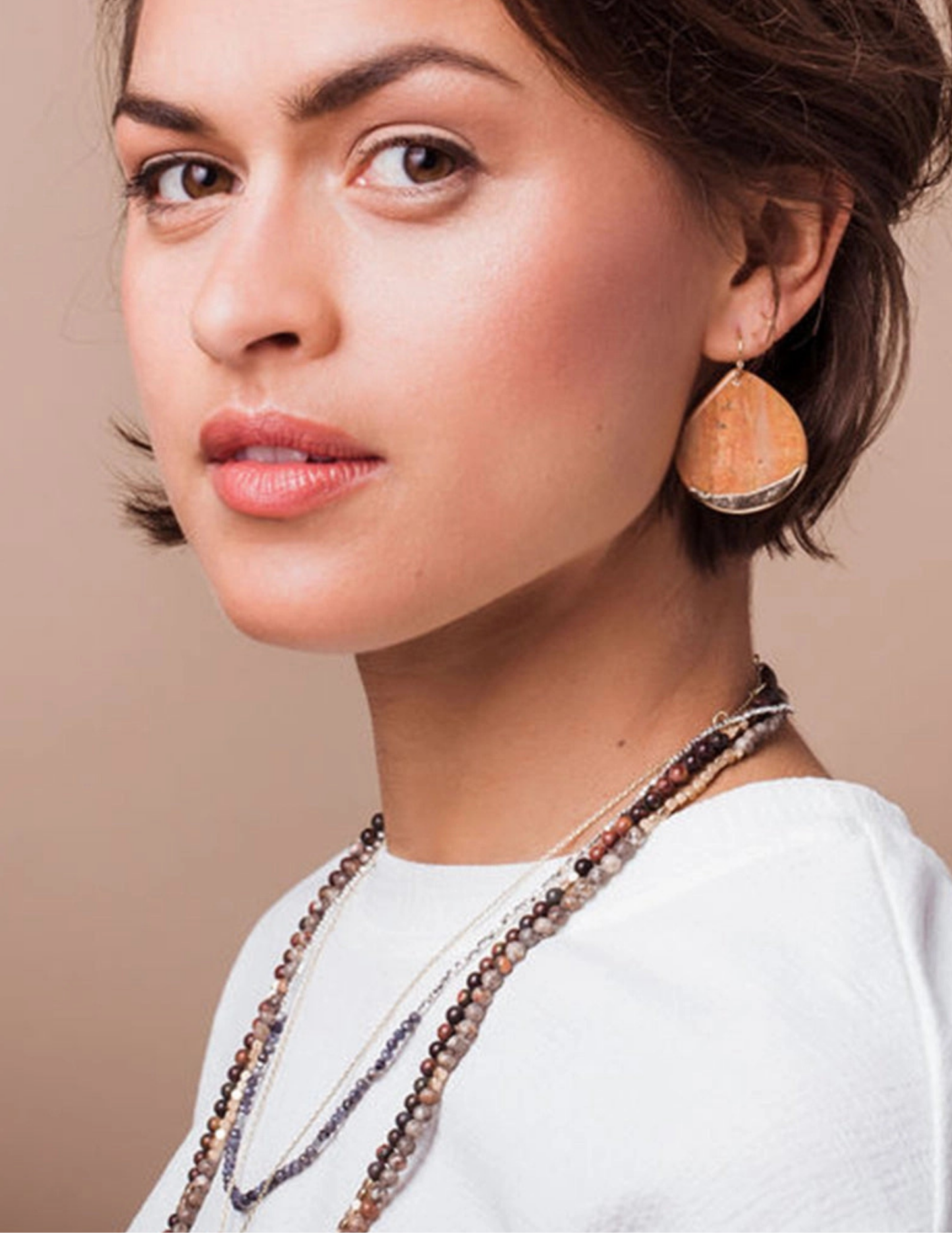 Stone Dipped Teardrop Earring - Petrified Wood/Gold