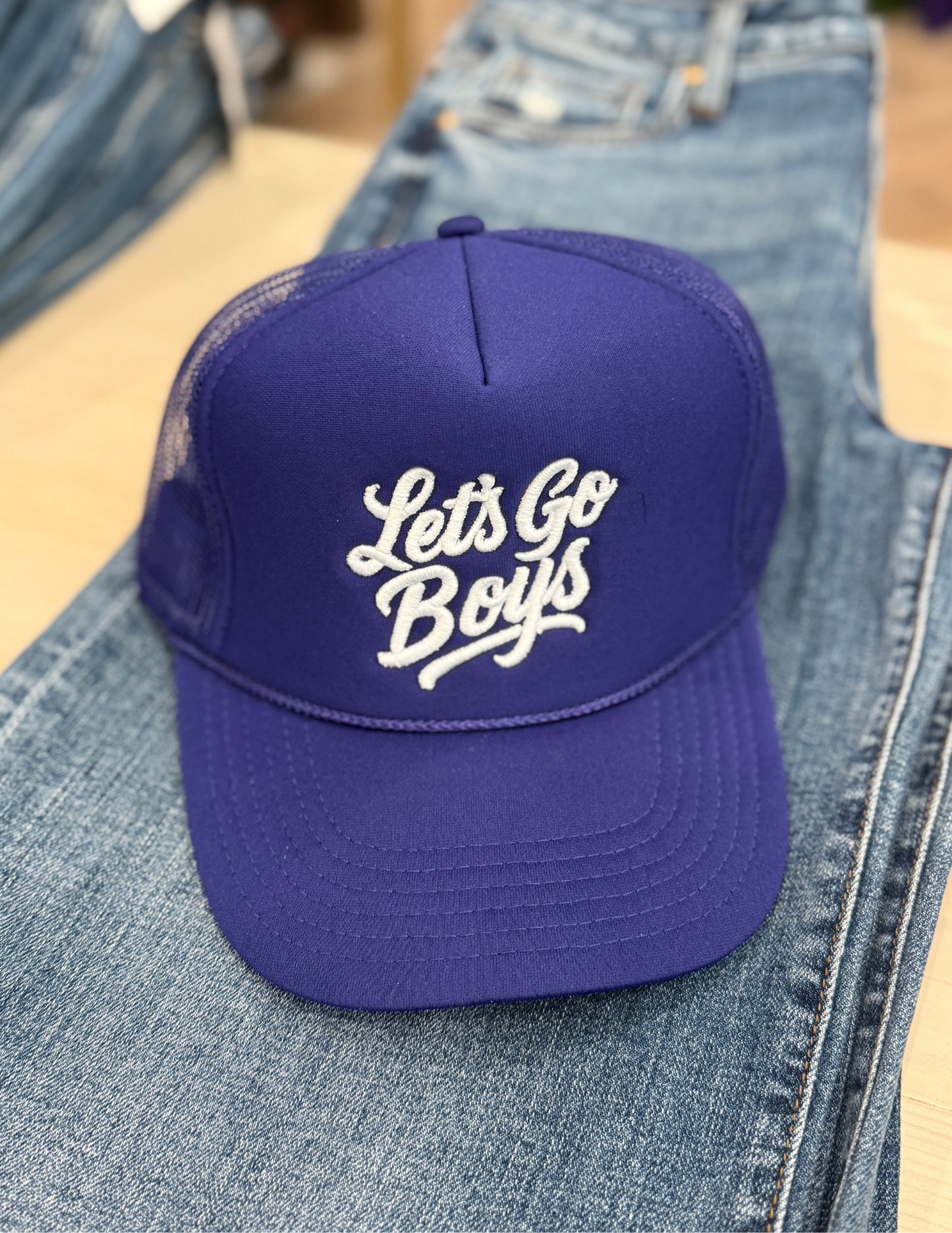 Let's Go Boys- Purple Trucker Hat - Tres Chic Boutique