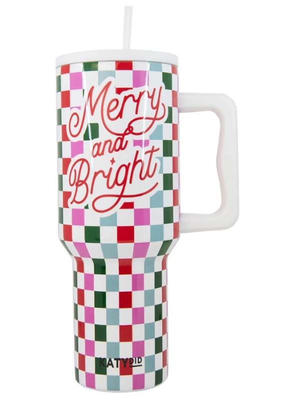 Merry & Bright Checkered Tumbler Cup w/ Handle - Tres Chic Boutique
