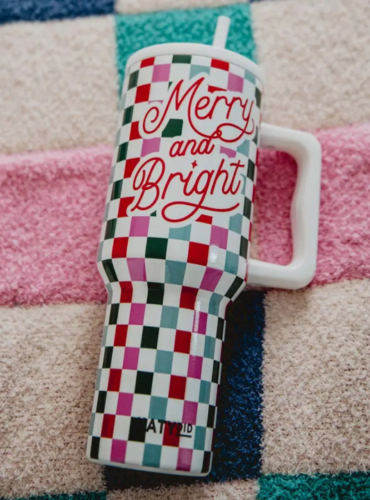 Merry & Bright Checkered Tumbler Cup w/ Handle - Tres Chic Boutique