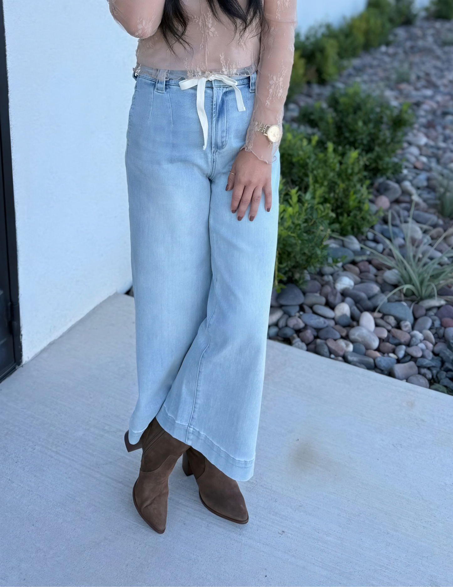 Washed Denim Wide Leg Pants