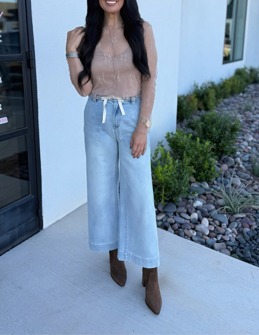 Washed Denim Wide Leg Pants