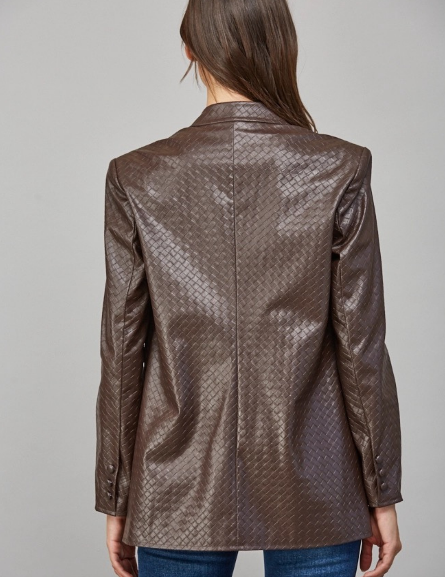 Faux Leather Crisscross Pattern Blazer- Choco Brown