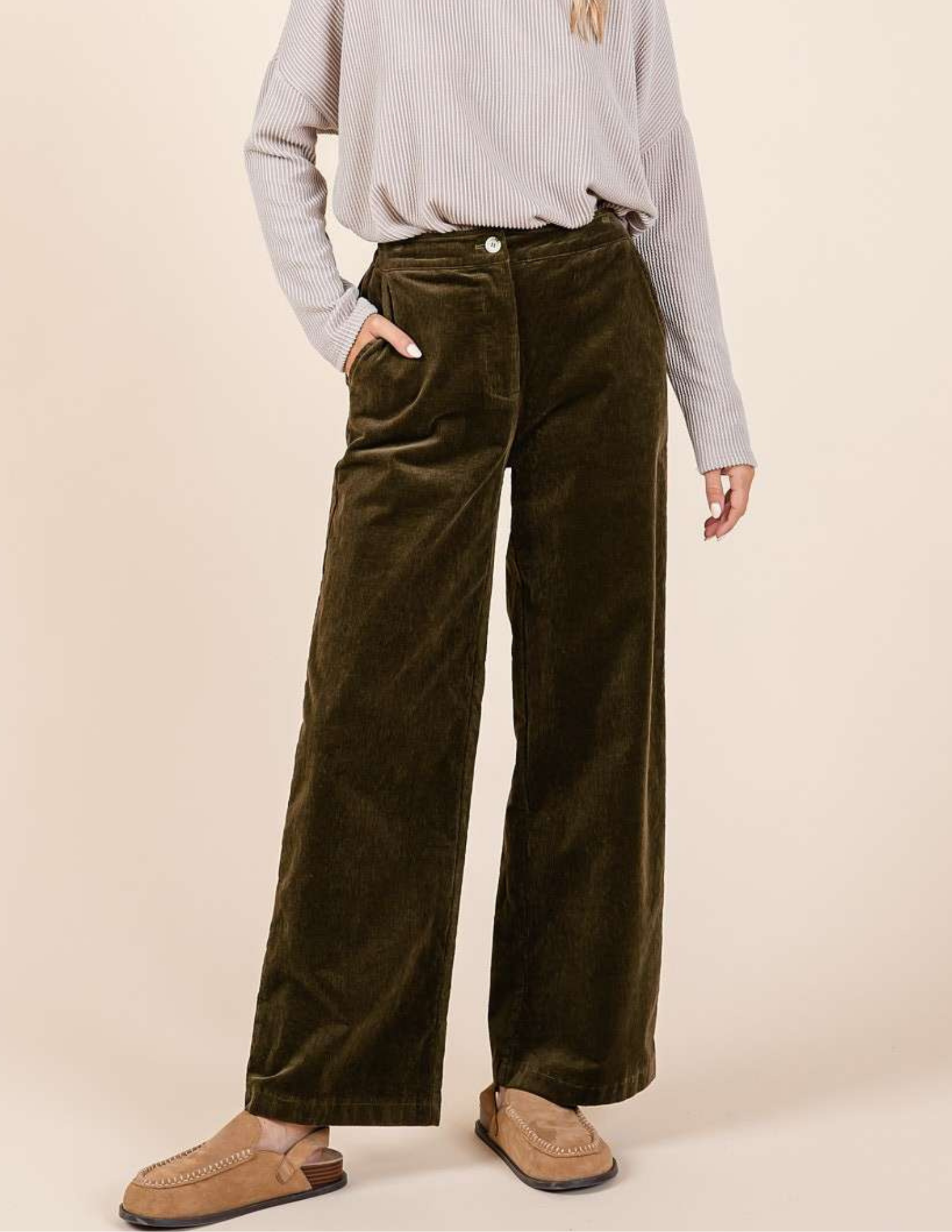 Corduroy Semi Wide Leg Pants- Olive - Tres Chic Boutique