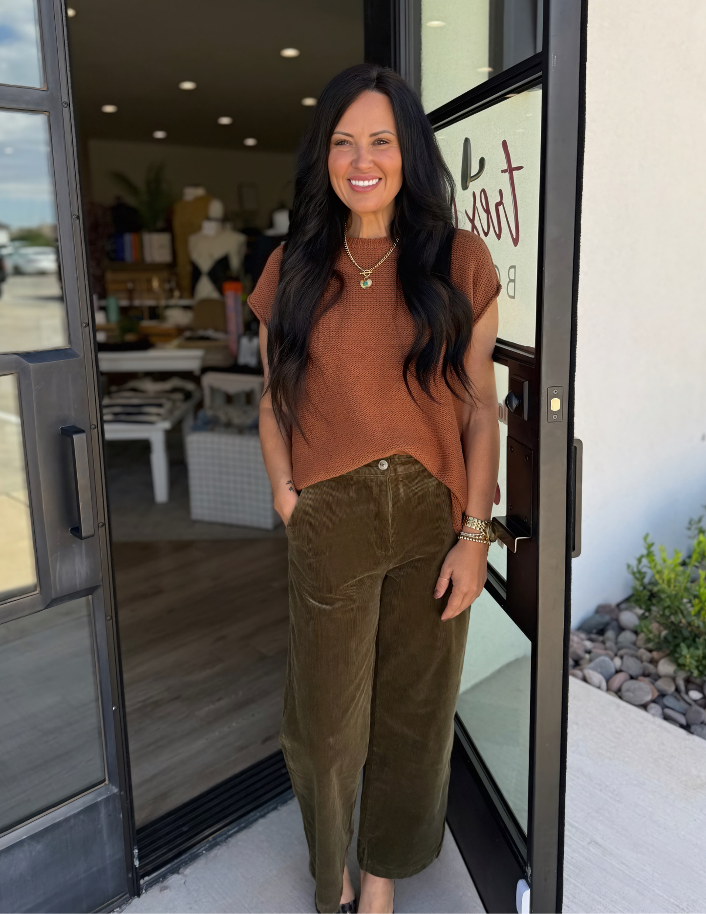 Corduroy Semi Wide Leg Pants- Olive