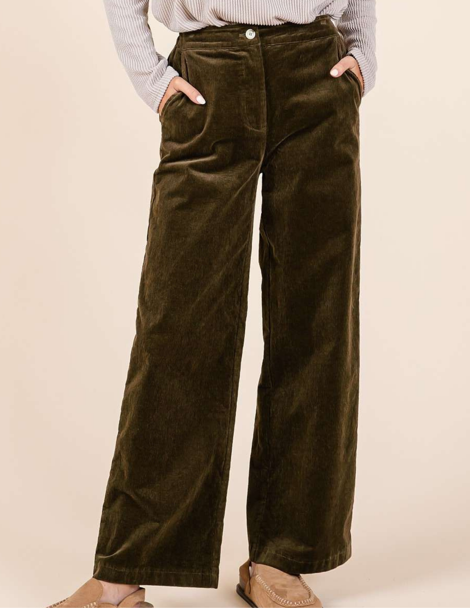 Corduroy Semi Wide Leg Pants- Olive - Tres Chic Boutique