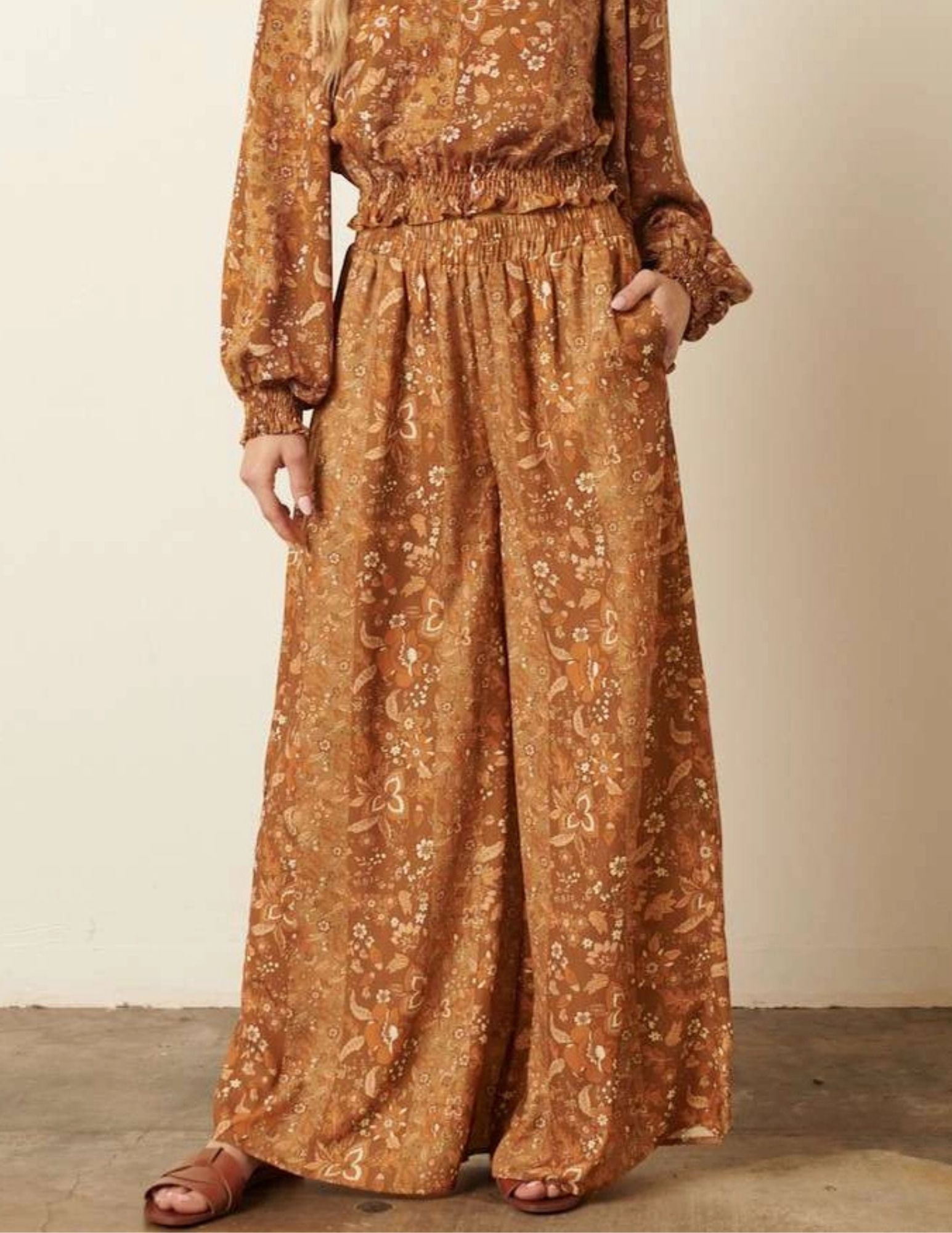 Flower Print Satin Wide Leg Pants - Tres Chic Boutique