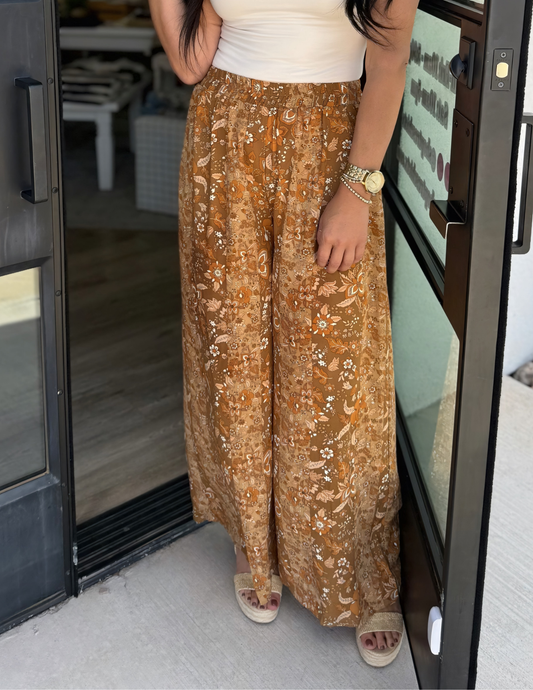 Flower Print Satin Wide Leg Pants
