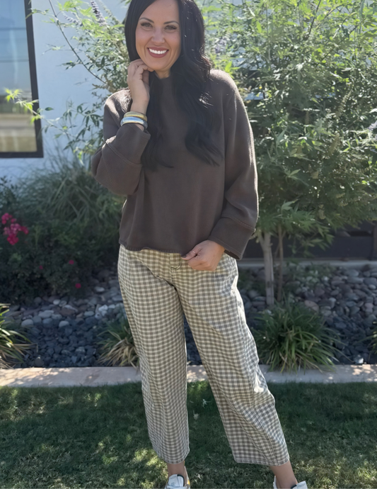 Mini Checker Pattern Barrel Pants- Tan/Brown