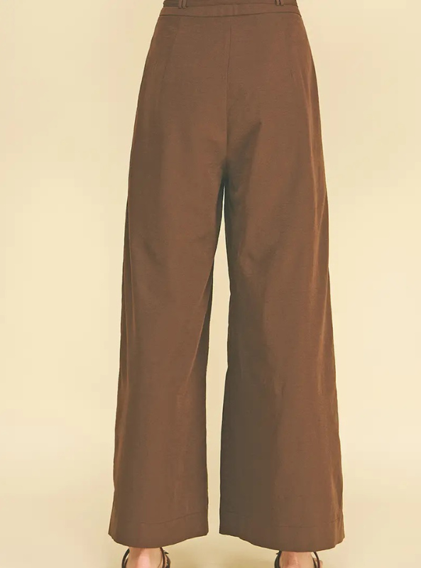 Pleated Detail Wide Leg Pants -Brown