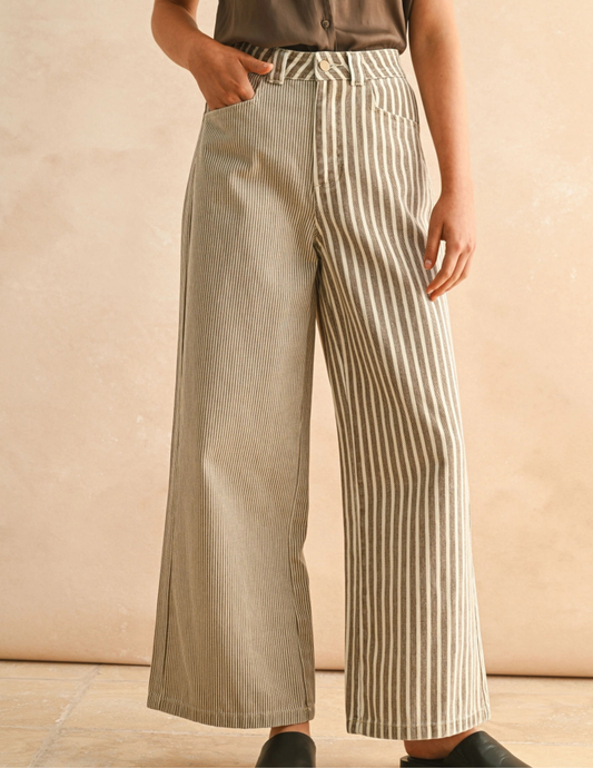 Stripe Fabric Mixed Pants- Brown