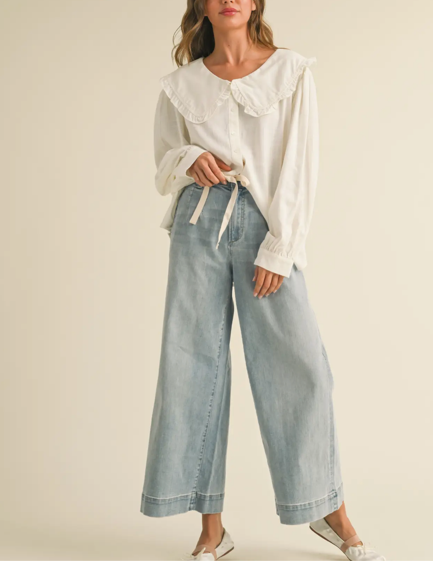 Washed Denim Wide Leg Pants