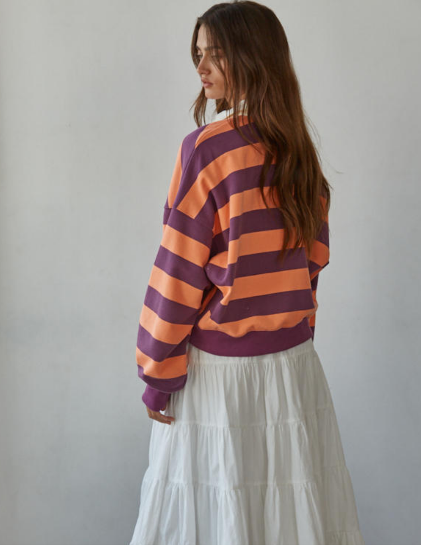 Amerie Striped Collared Pullover- Coral Purple