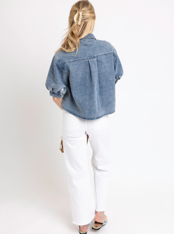 Karlie- Denim Button Puff Sleeve Top