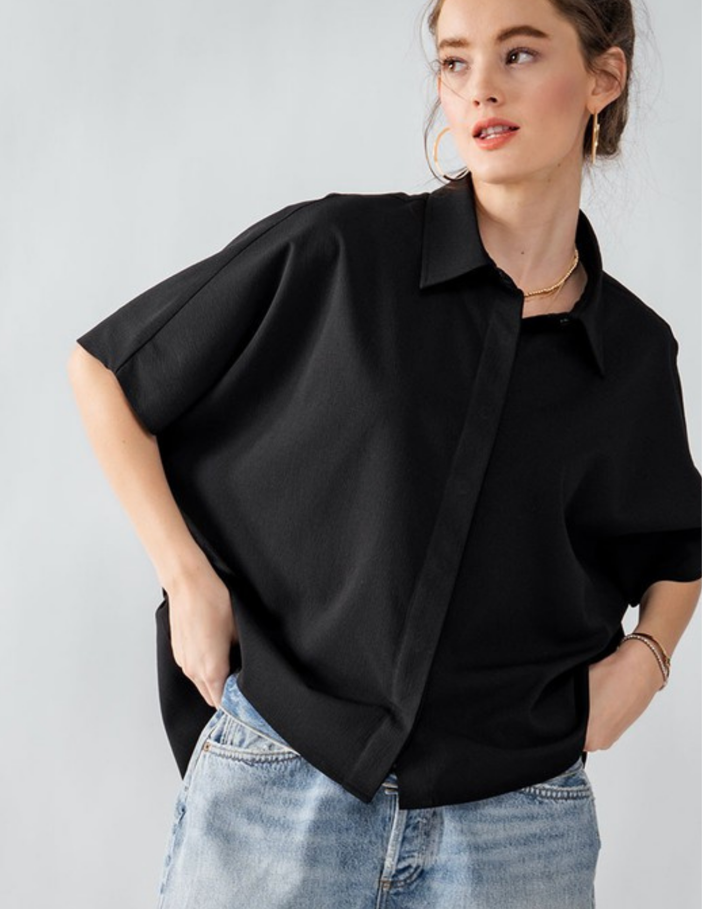 Relaxed Fit Short Sleeve Shirt- Black