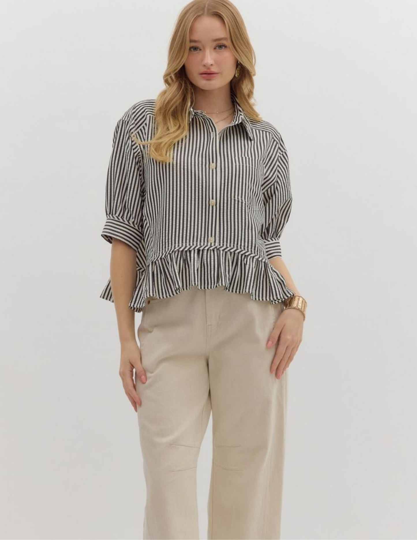Striped Ruffled Hem Top- Black - Tres Chic Boutique