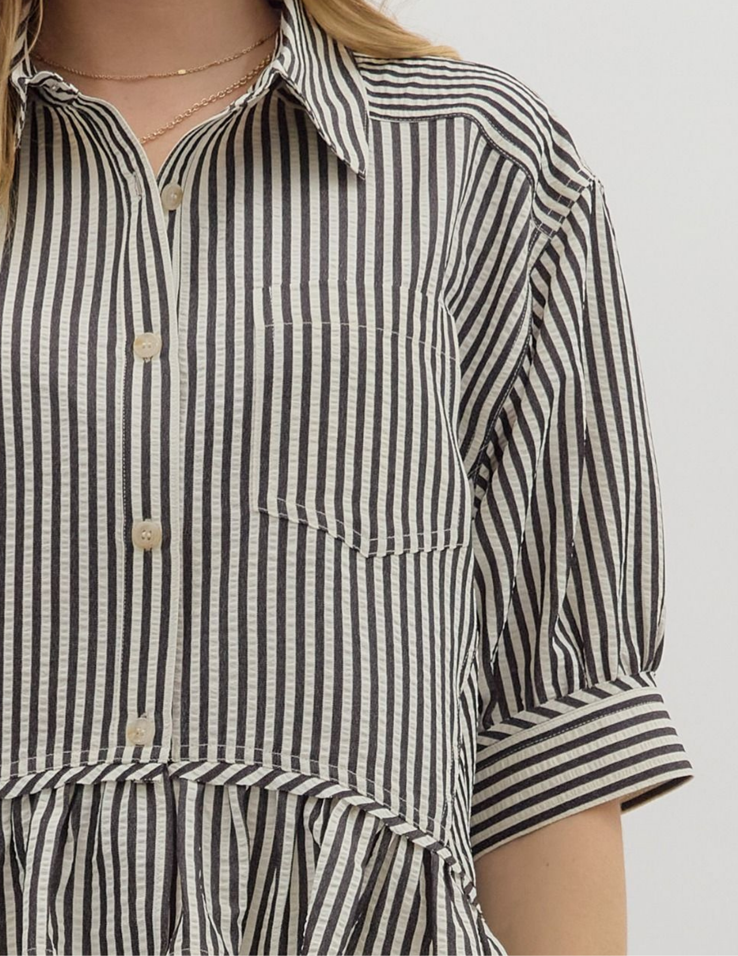 Striped Ruffled Hem Top- Black - Tres Chic Boutique