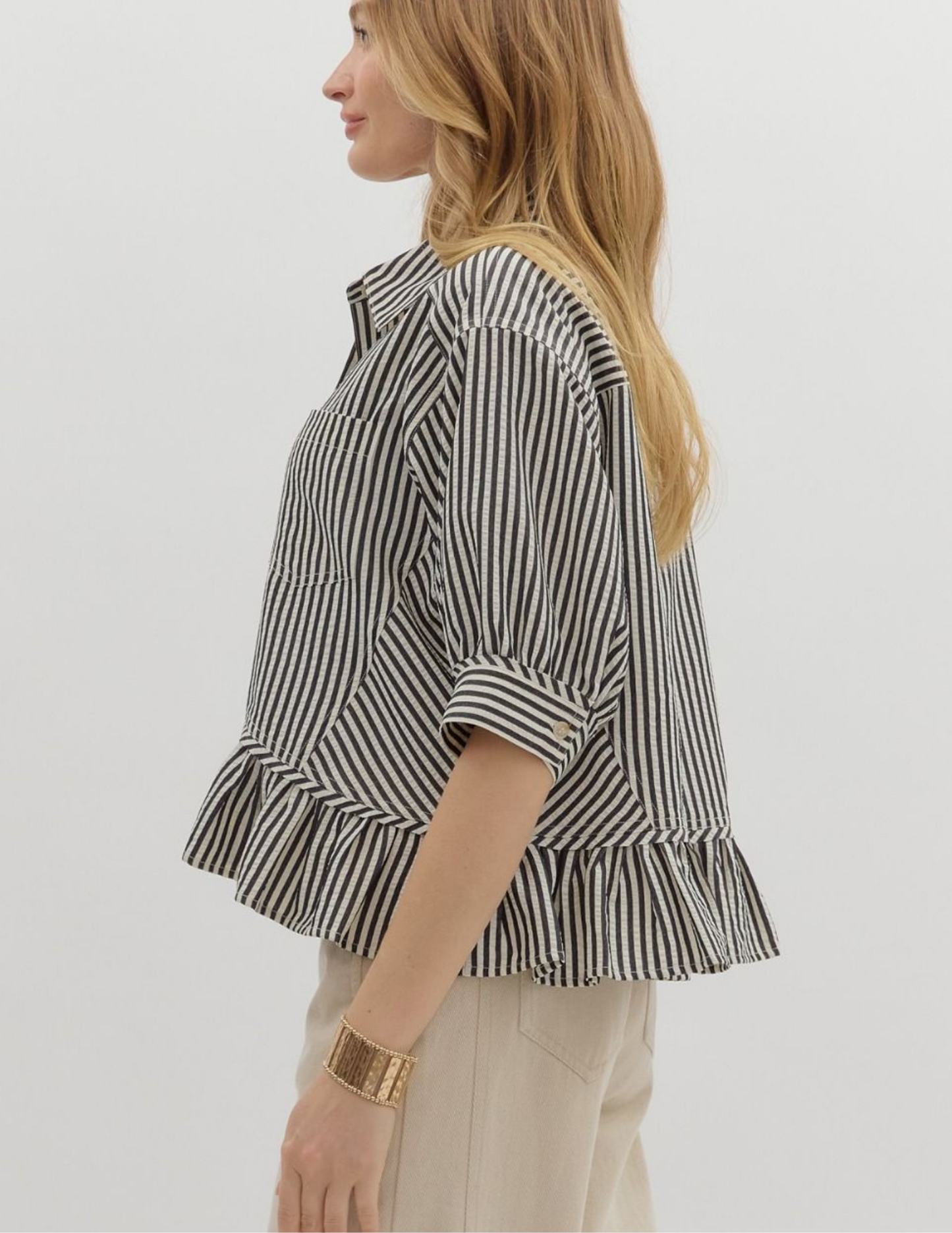 Striped Ruffled Hem Top- Black - Tres Chic Boutique