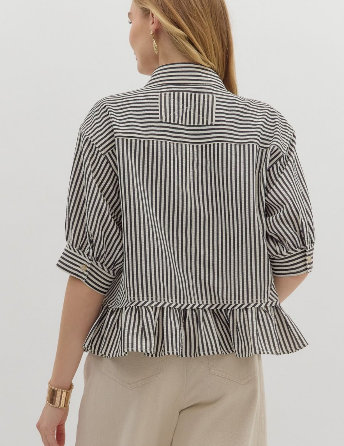 Striped Ruffled Hem Top- Black - Tres Chic Boutique