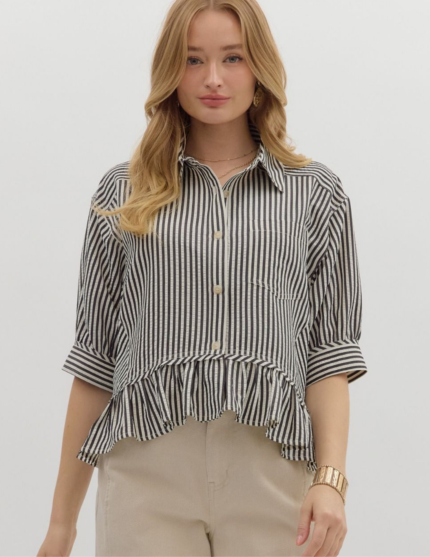 Striped Ruffled Hem Top- Black - Tres Chic Boutique