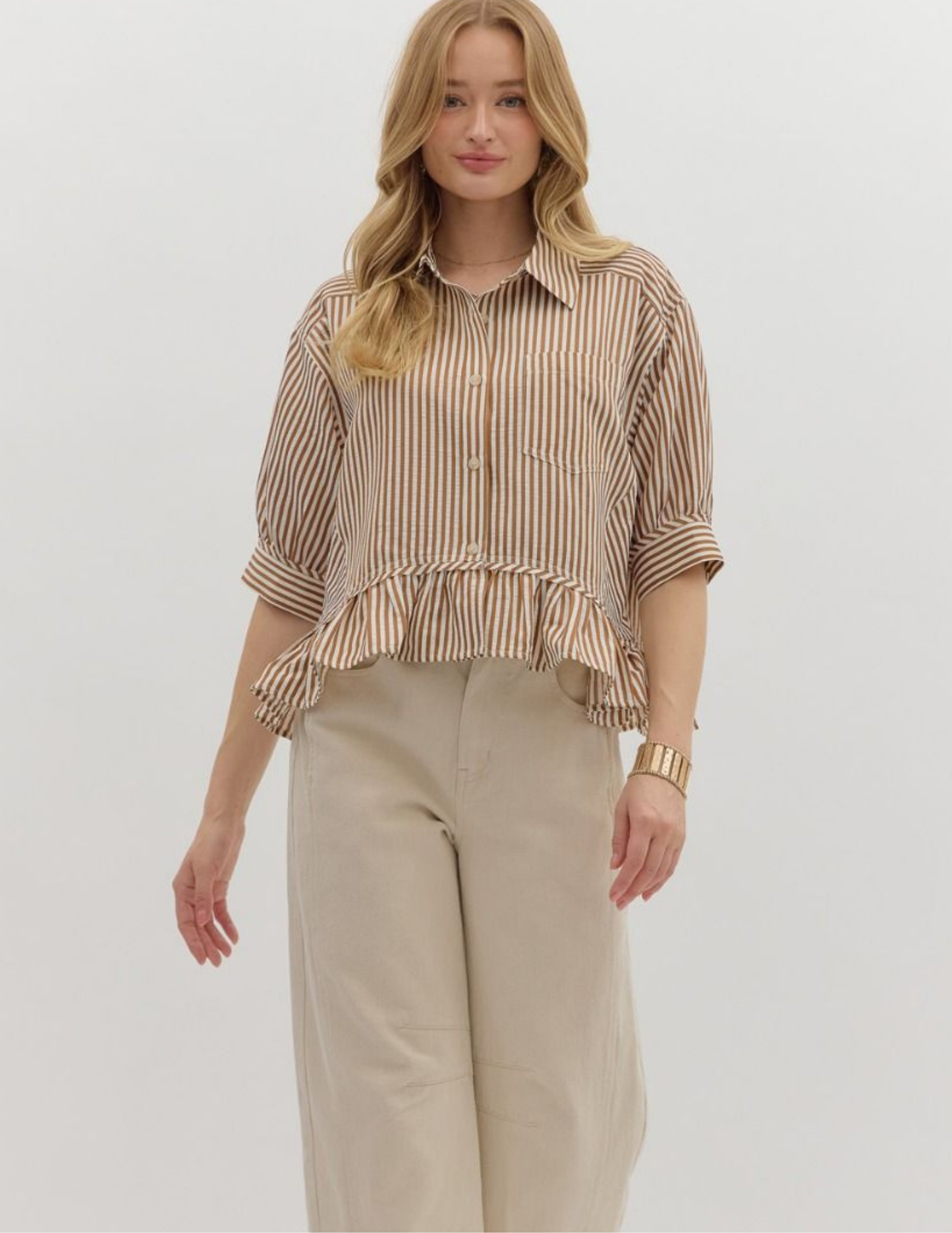 Striped Ruffled Hem Top- Brown - Tres Chic Boutique