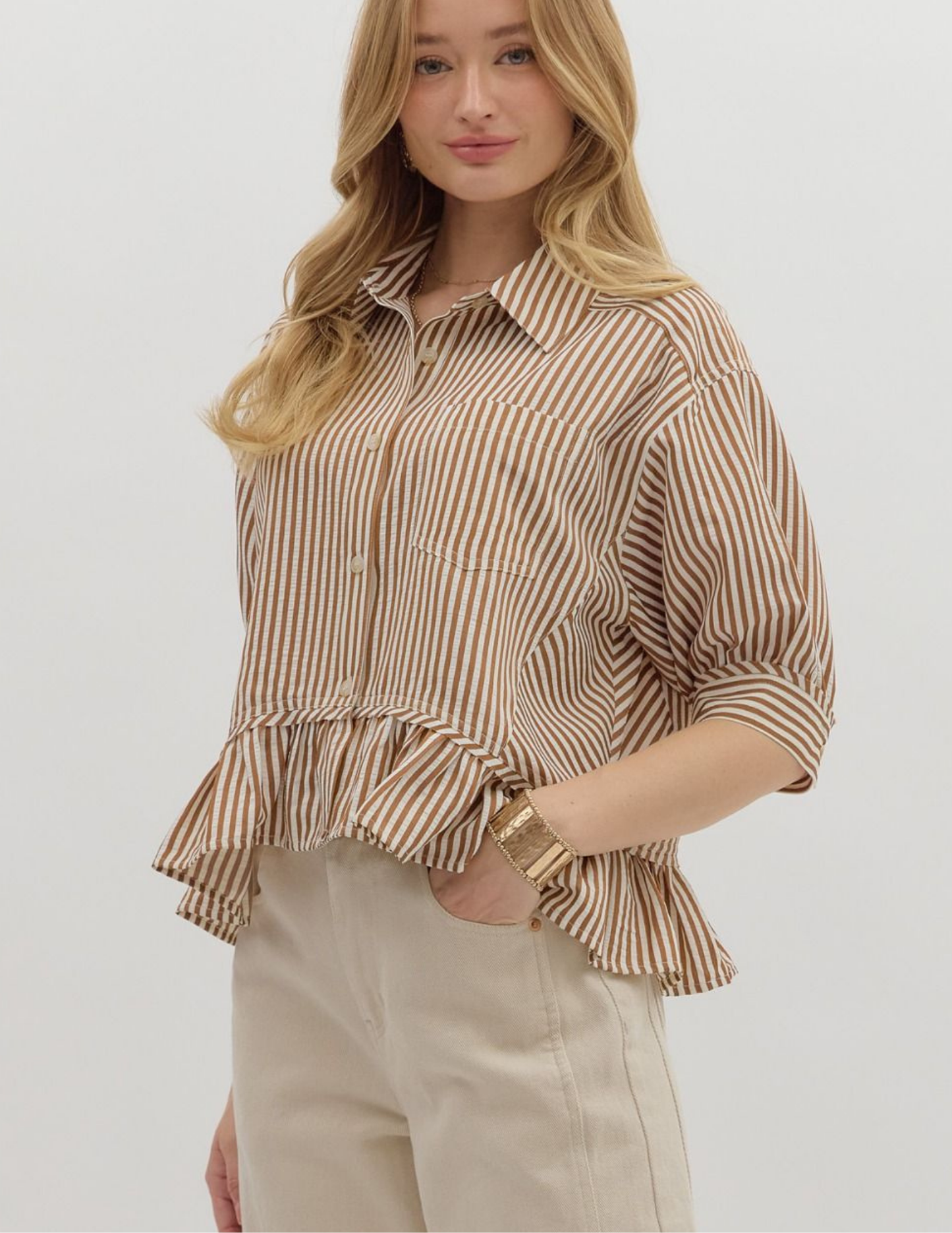 Striped Ruffled Hem Top- Brown - Tres Chic Boutique
