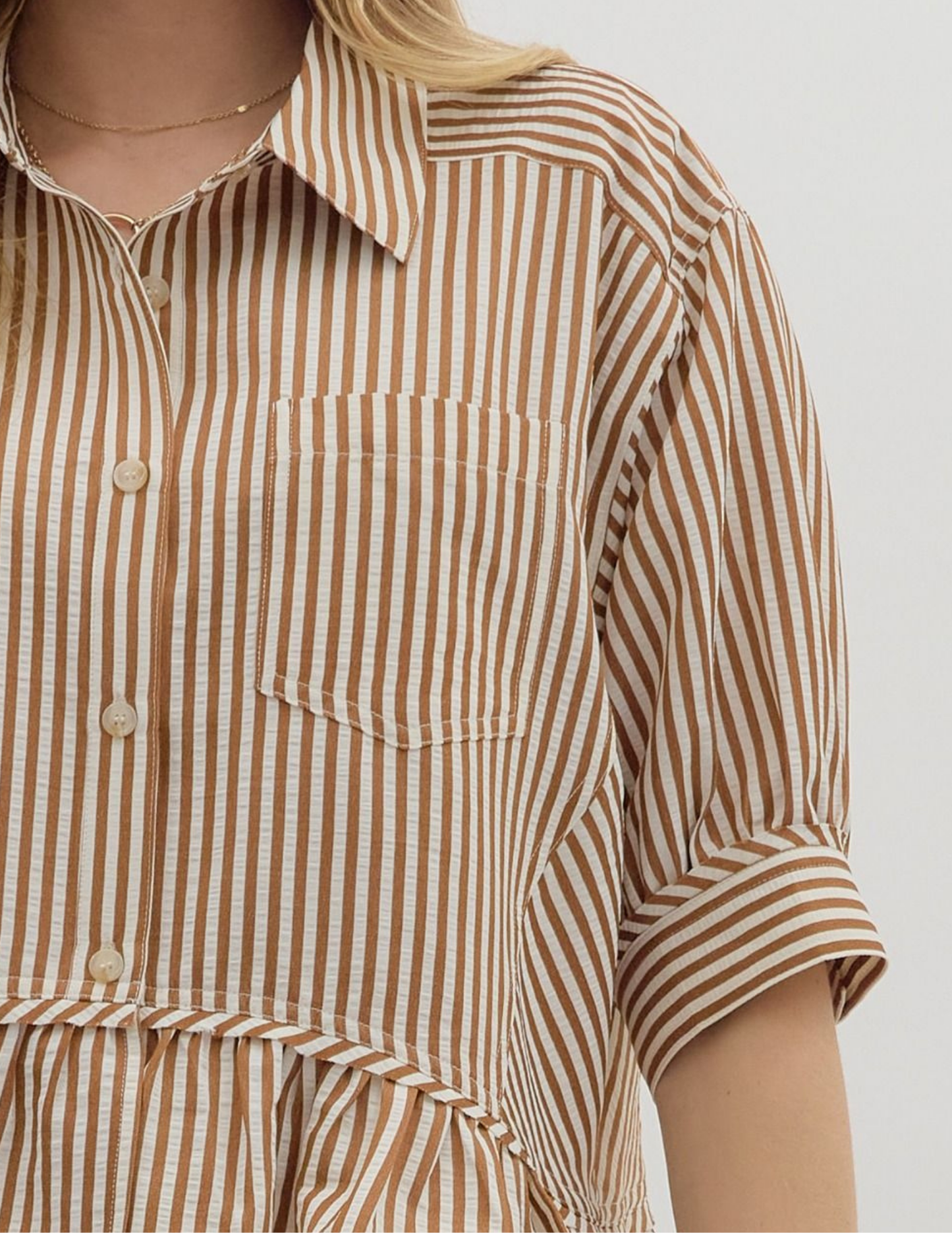 Striped Ruffled Hem Top- Brown - Tres Chic Boutique
